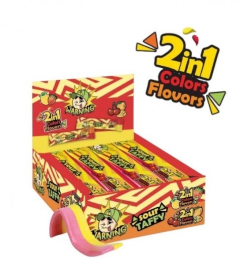 DK.WARNING 42 GR 2IN1 SOUR TAFFY STRIP CANDY*24